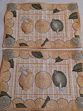 Croft & Barrow TAPESTRY Lemon Lime 2 PLACEMATS Woven Burlap Citrus Yellow Green
